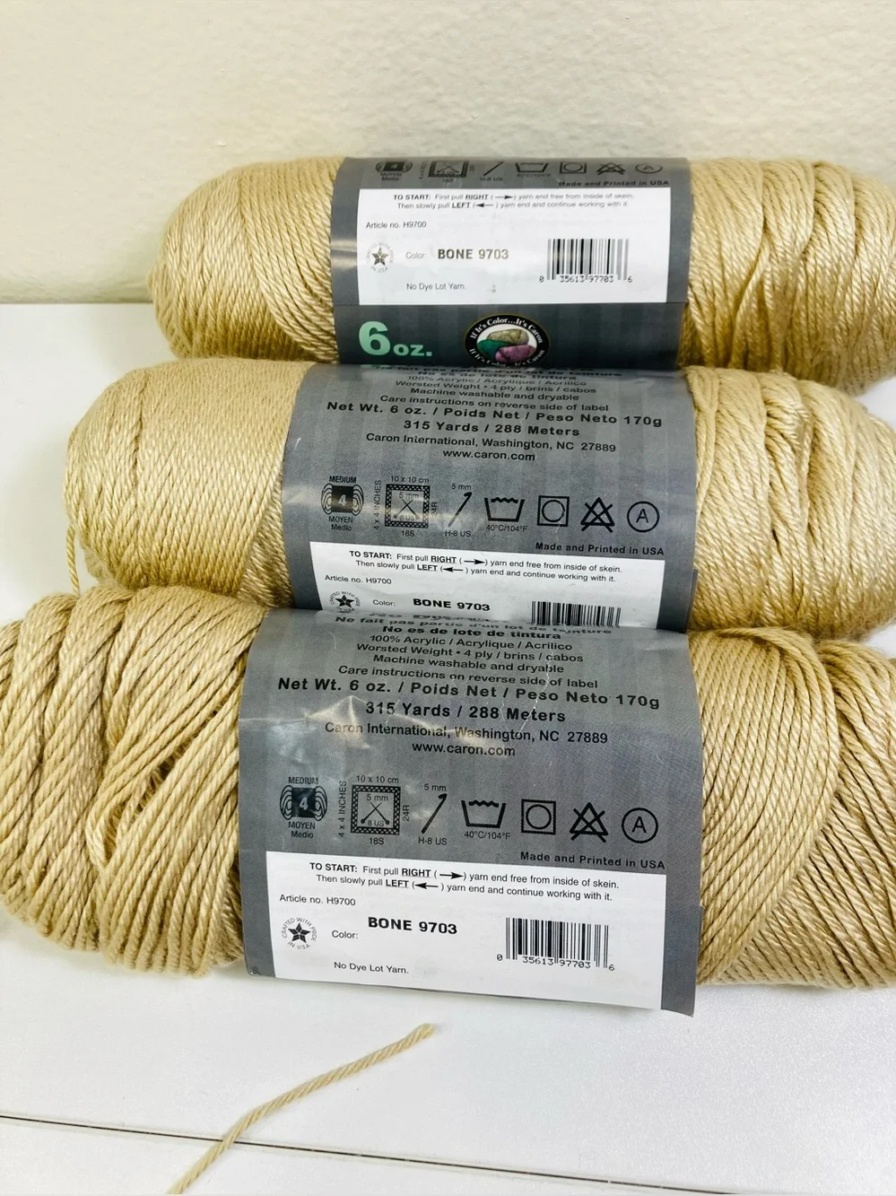 2 NEW + Leftovers 455g total Caron Simply Soft color Bone 9703 100% Acrylic